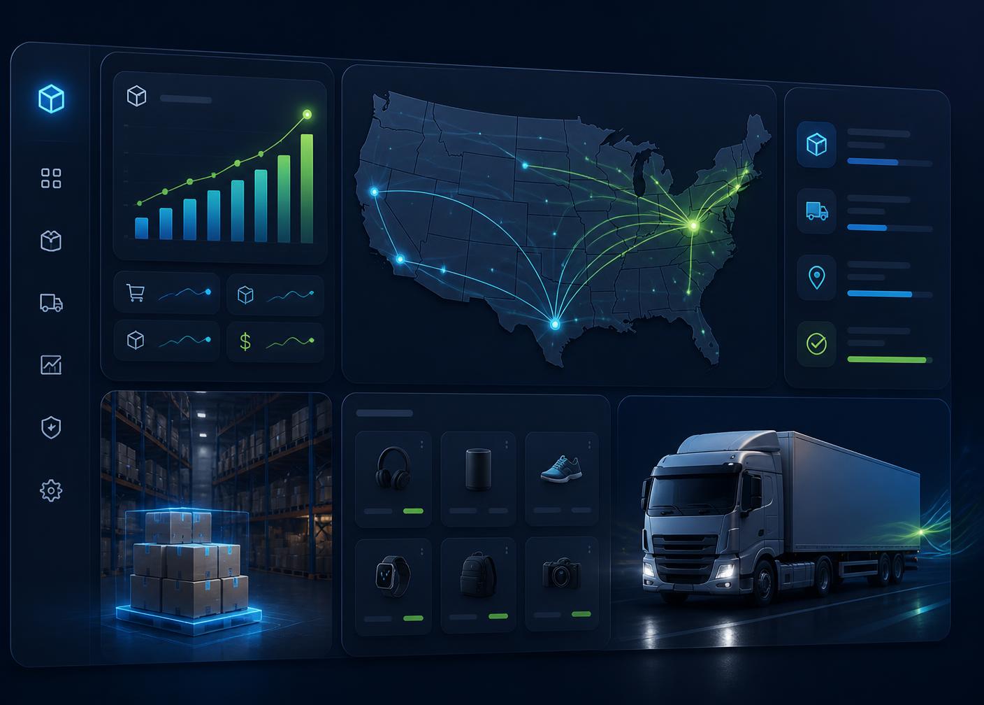 Drakon Pack BD warehouse dashboard showing US shipping routes, live order analytics, and same-day fulfillment